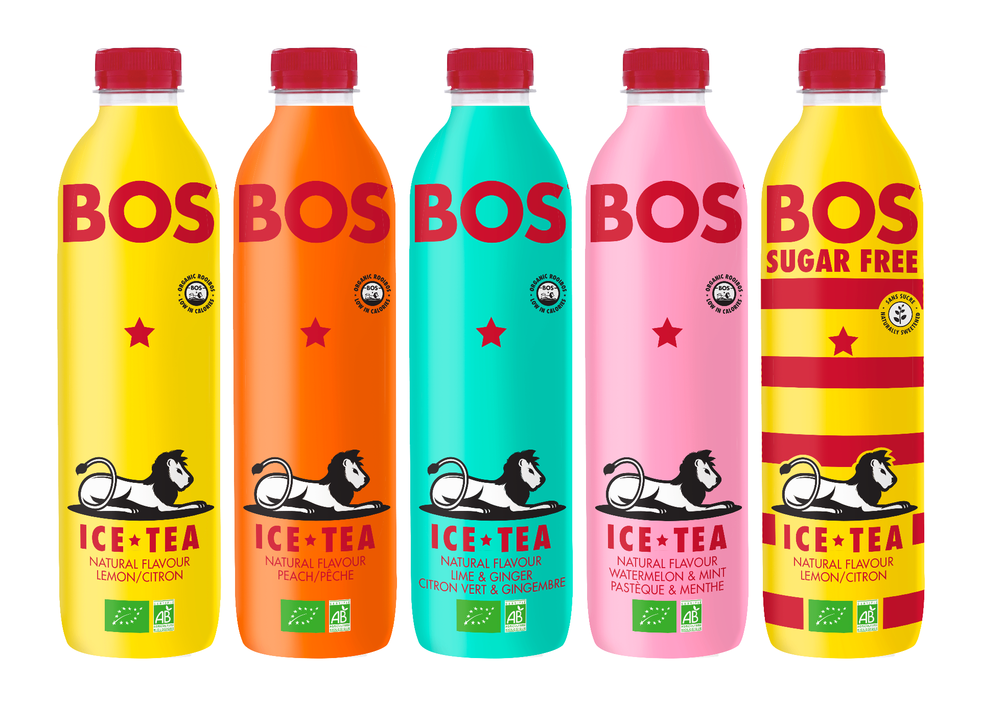 BOS 1L bottle lineup - Lemon, Peach, Lime & Ginger, Watermelon & Mint, Sugar Free Lemon