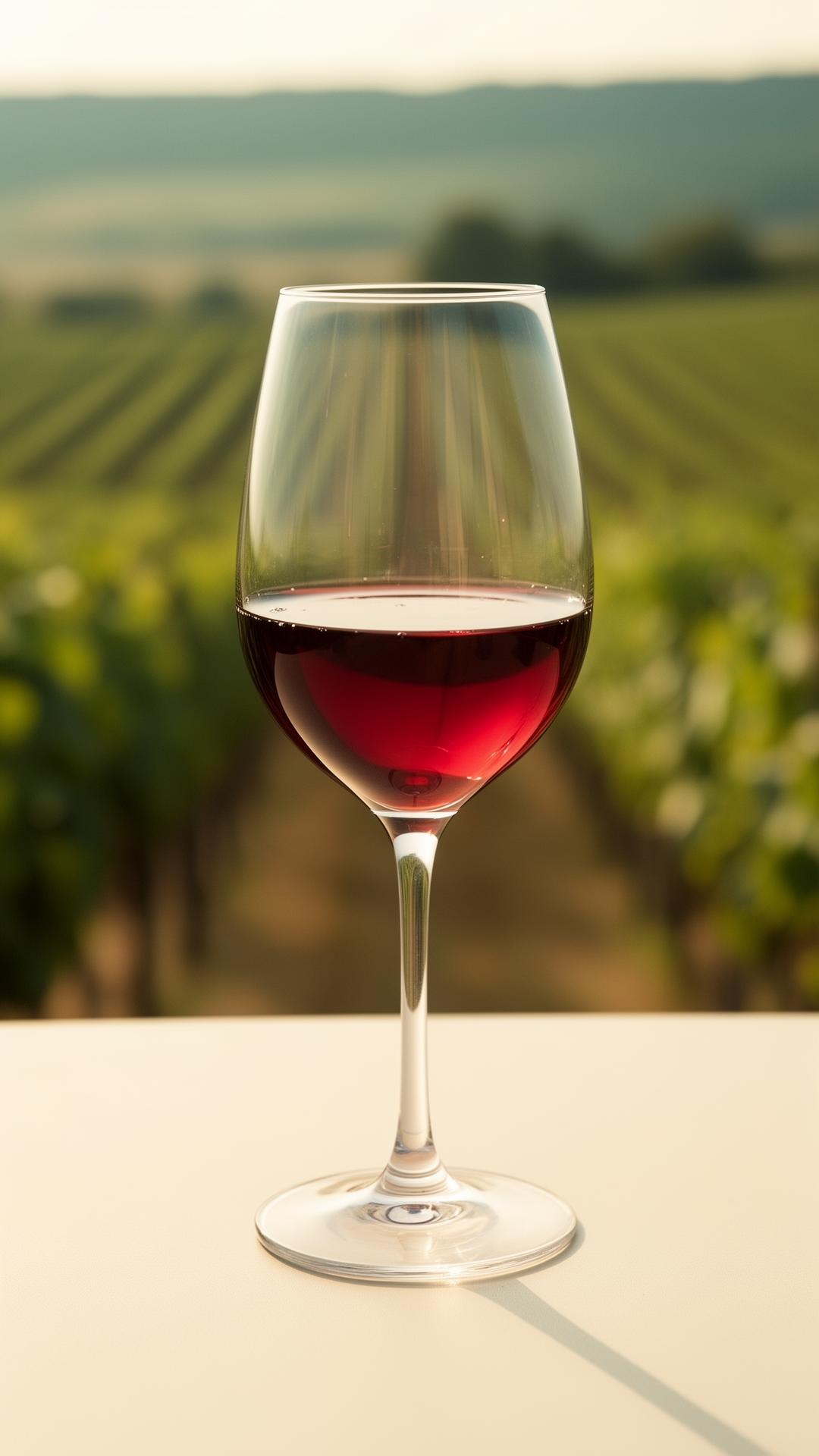 A glass of South African red wine in front of a vineyard